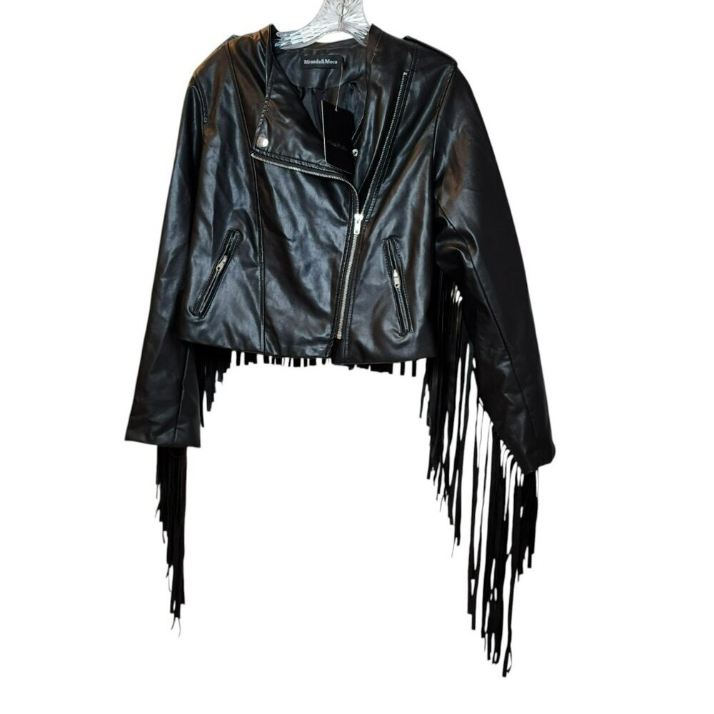 Miranda & Moca‎ Faux Leather Fringe Moto Jacket L Black Western Boho Festival